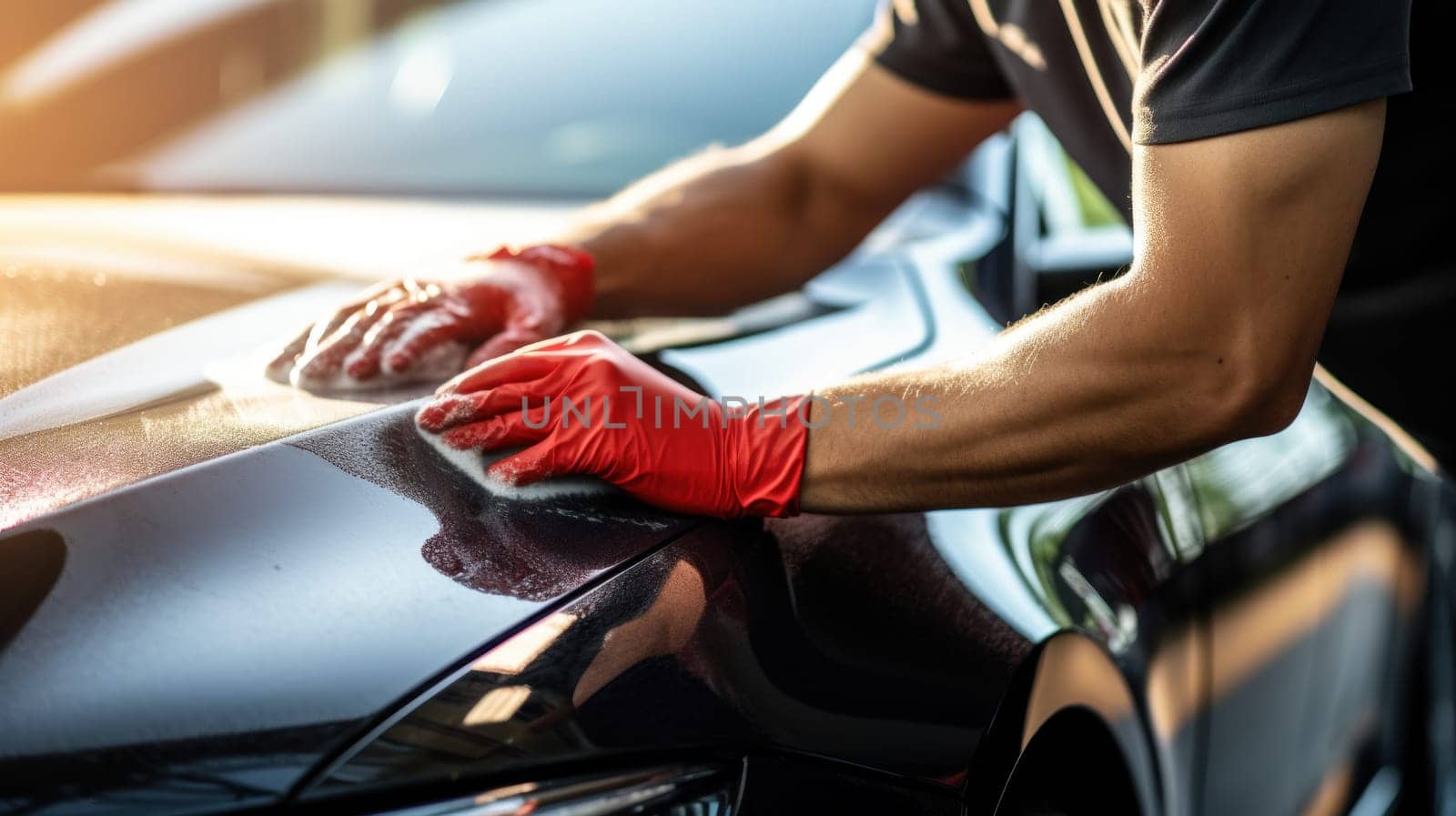 A man meticulously cleaning a car with a microfiber cloth. Generative AI by golfmerrymaker