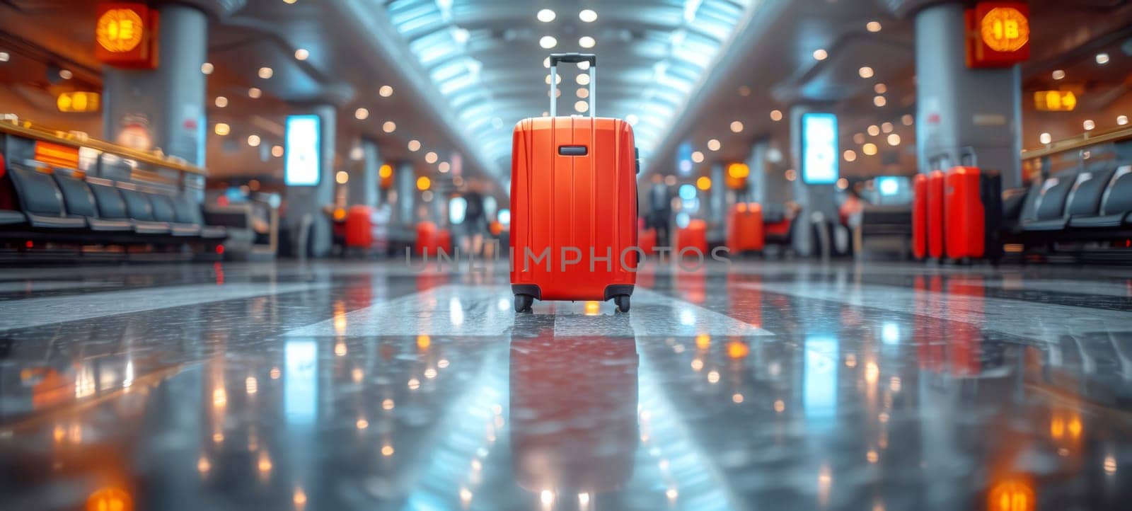 Red suitcase in an empty train station. Travel and vacation theme background. Travel banner.