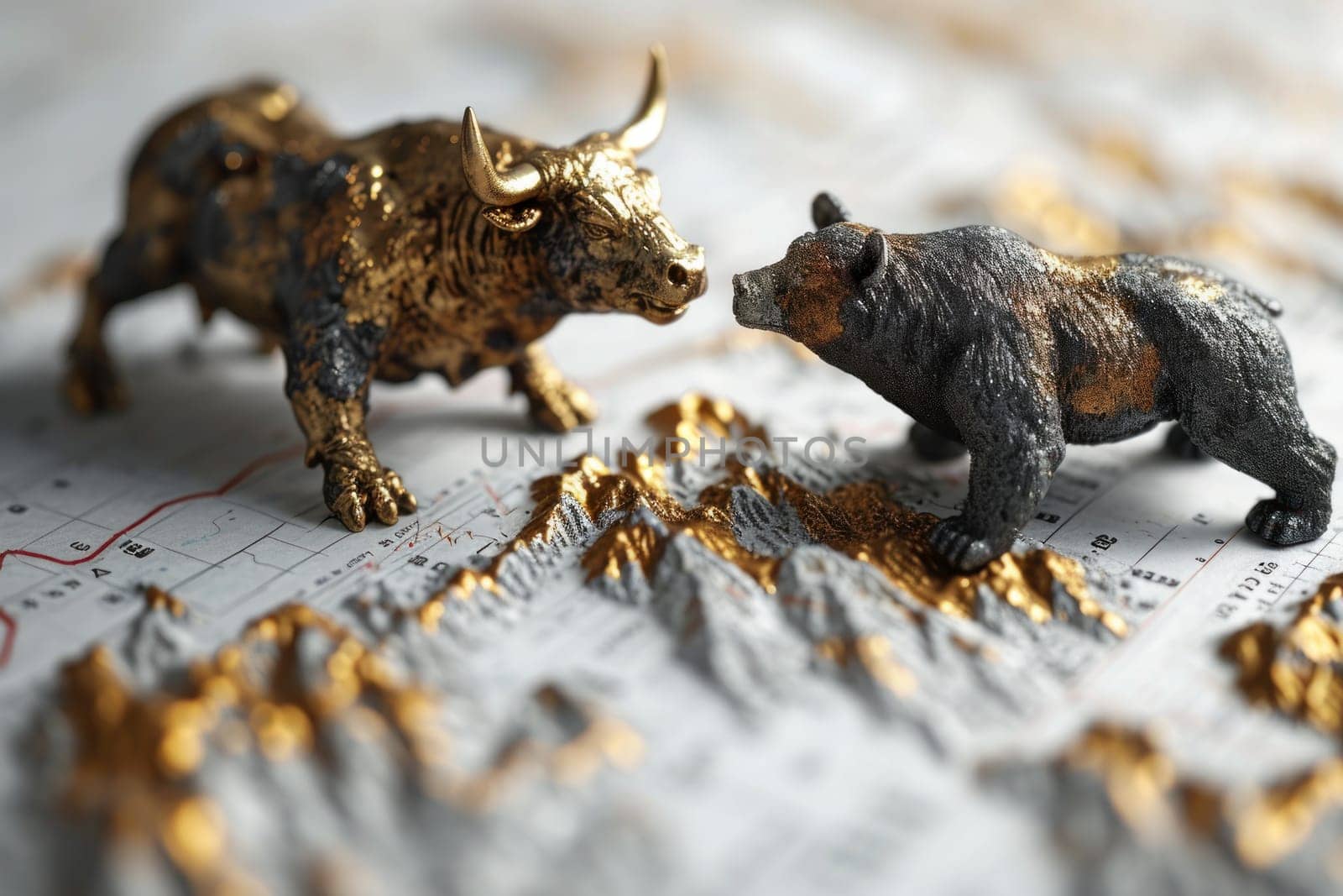 Stock market bull fighting bear top of stock market graph. Generative AI.
