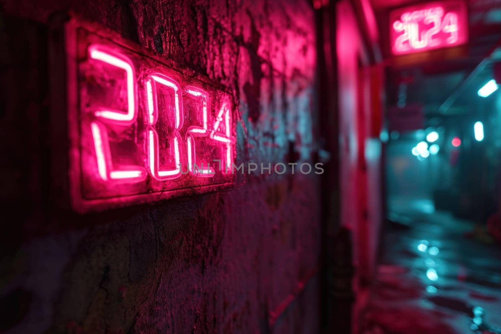 Pink neon light with number 2024 on dark. Generative AI.