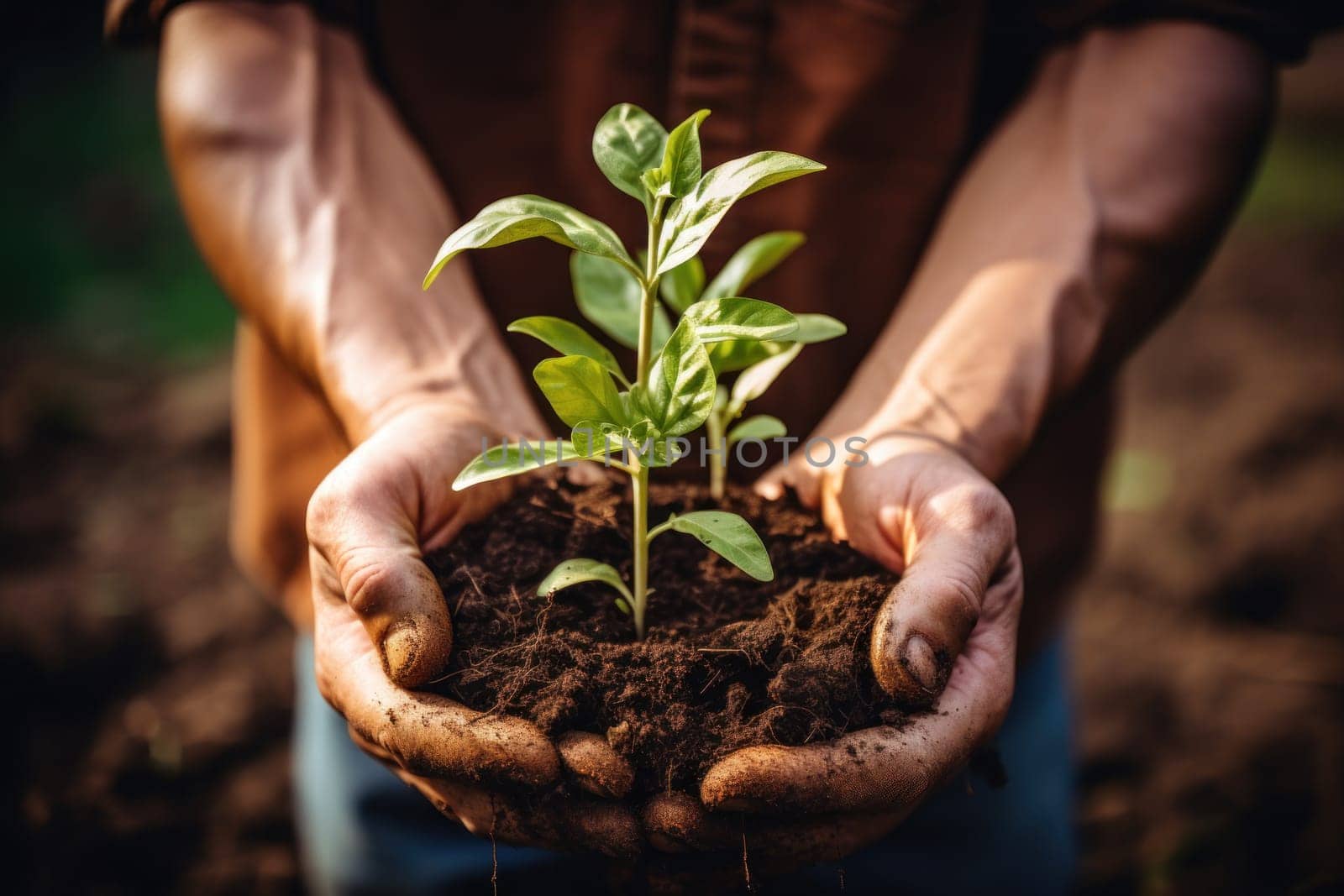 Farmer holding pile of ground with growing up plant under rain. Generative AI.