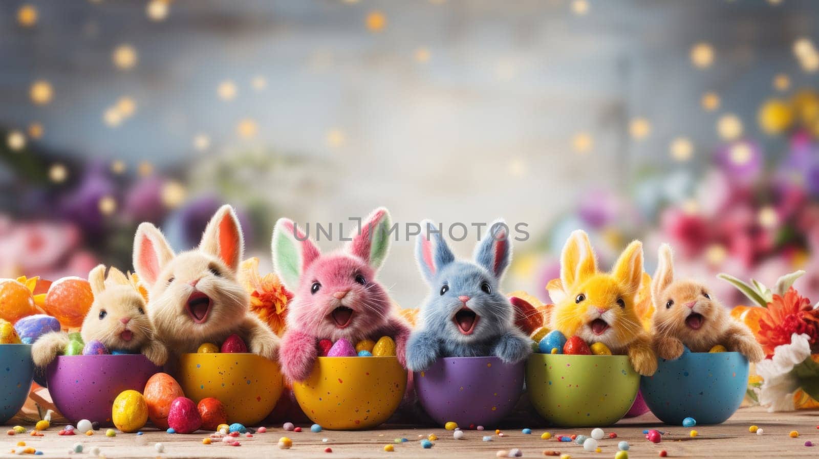 Happy Easter background banner panorama greeting card, colorful rabbits. Generative AI.