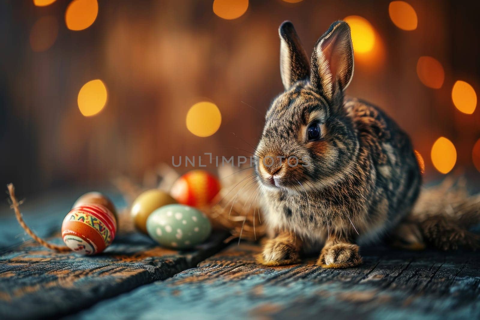 A rabbit as an Easter bunny with eggs. Generative AI.