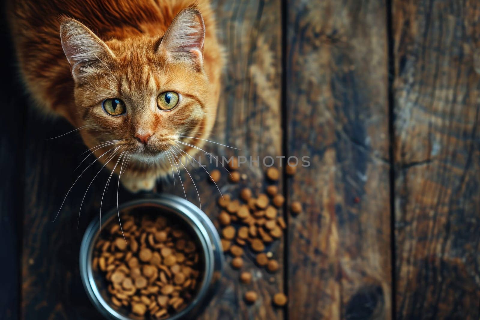 Top view, photo of a cat eating from a bowl of food, copy space. Generative AI.