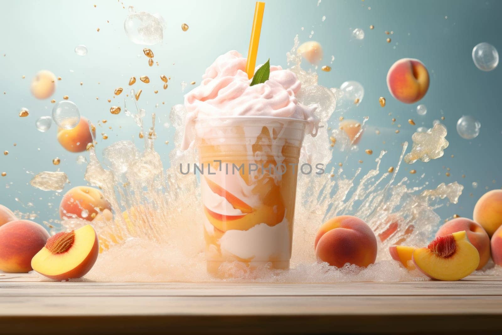 Peach smoothie frappe effect swirling wave Peach milk splash around glass. Generative AI.