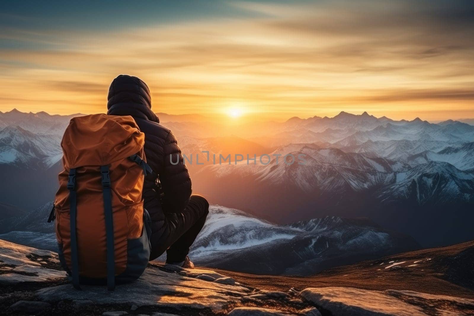 A person's sitting on the hight moutain winter, sunrise. Generative AI.