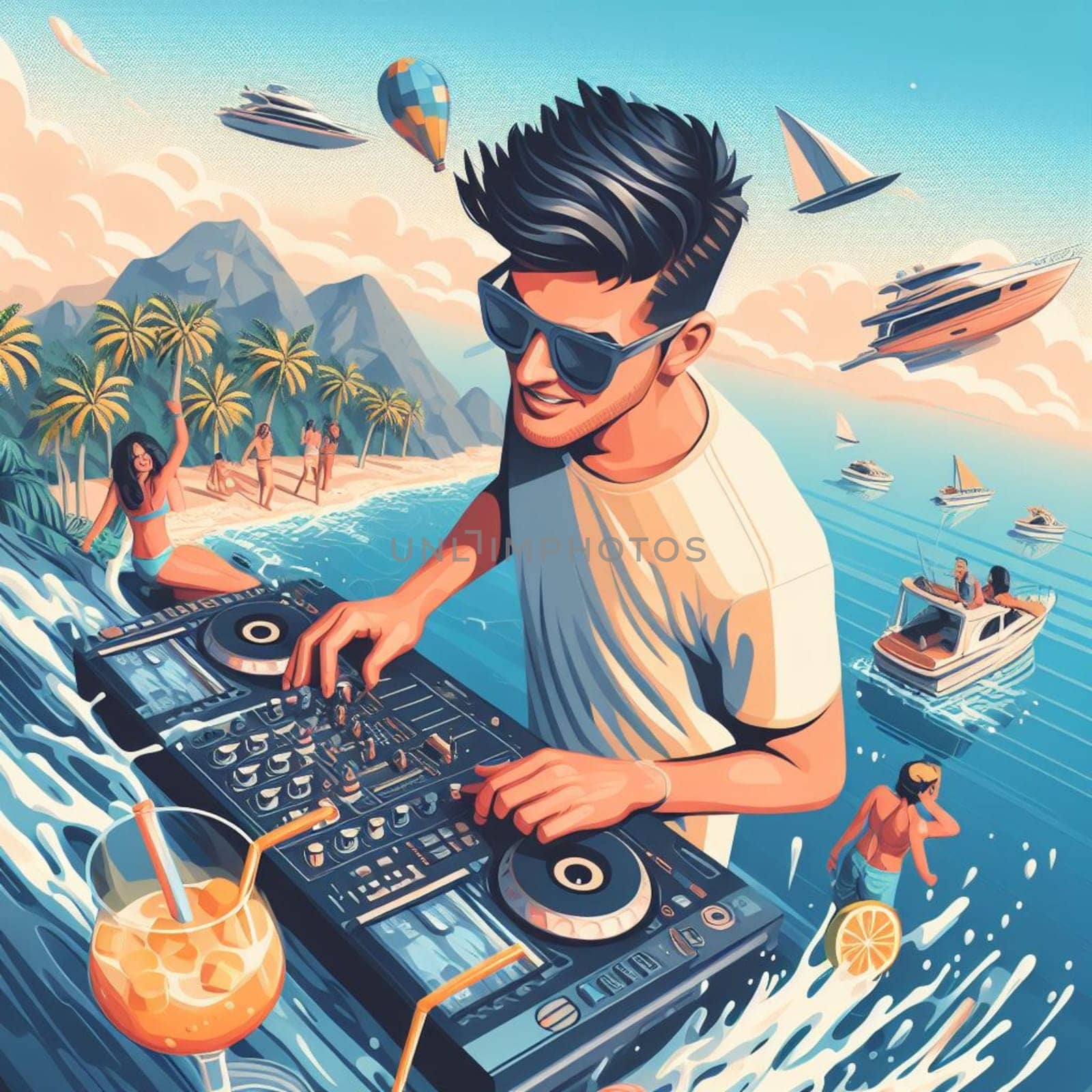 young deejay, wear glasses earphone hosting dj set at crowded beach party tropical island isometric by verbano