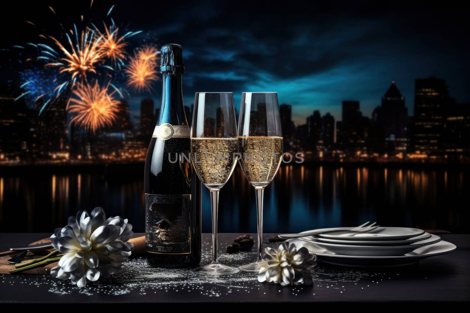 Two Glasses of champagne and bottle against fireworks and holiday lights. Generative AI by golfmerrymaker