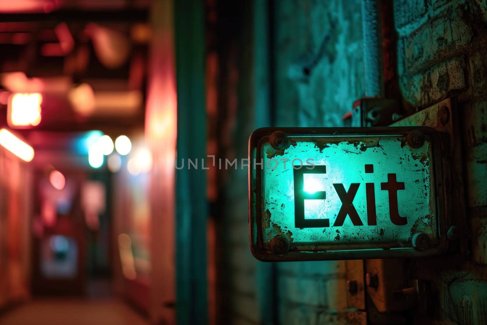 Exit sign glowing in green. Generative AI.