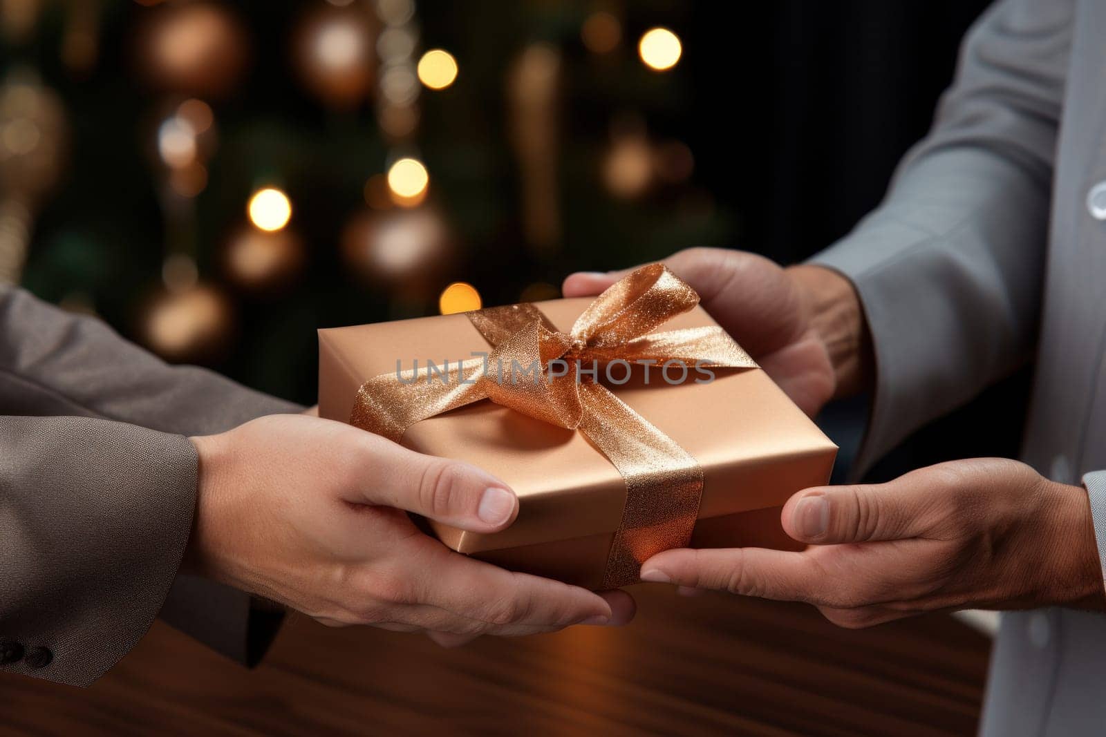 Adult hands giving a Christmas gift and New Year gift to each other. Generative AI.