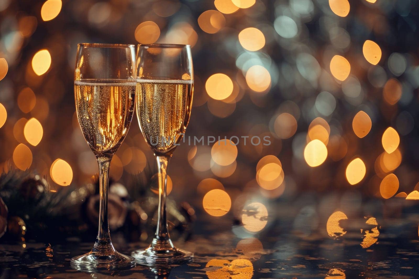 Two toast glasses with champagne on a table with bokeh background. Generative AI by golfmerrymaker