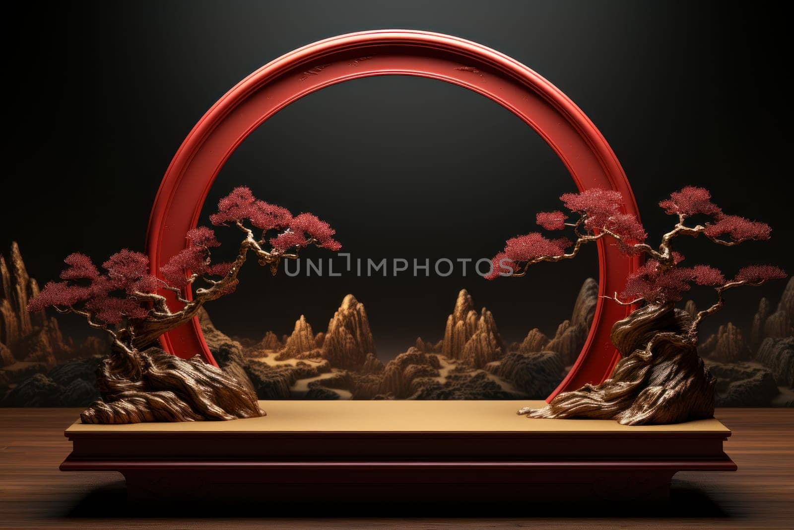 Red and gold podium with ornament as Chinese new year greeting card background. Generative AI.