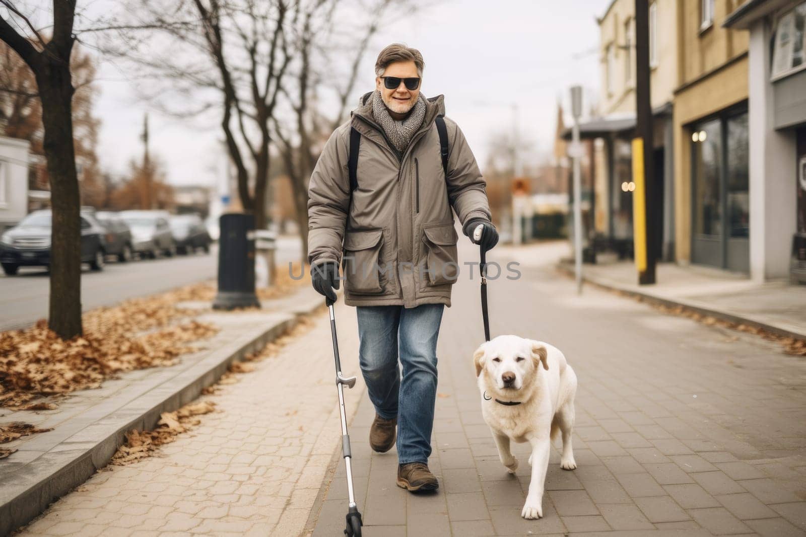 Blind man walking accompanied by his beloved dog. Generative AI.