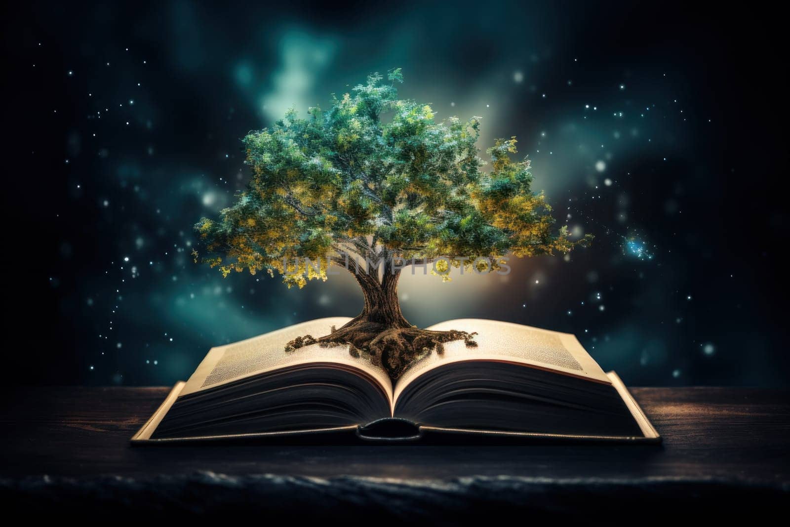 Tree growing out of open book on fantasy background. Generative AI.