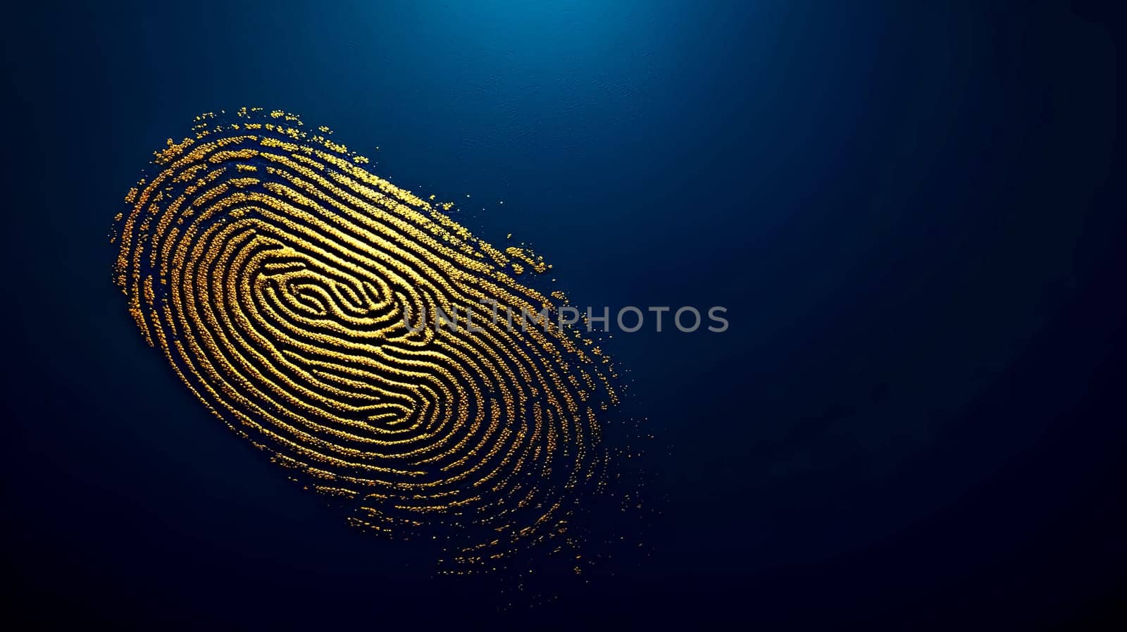 Golden Fingerprint on Navy Background for Secure Biometric Authentication and Identity Verification, copy space