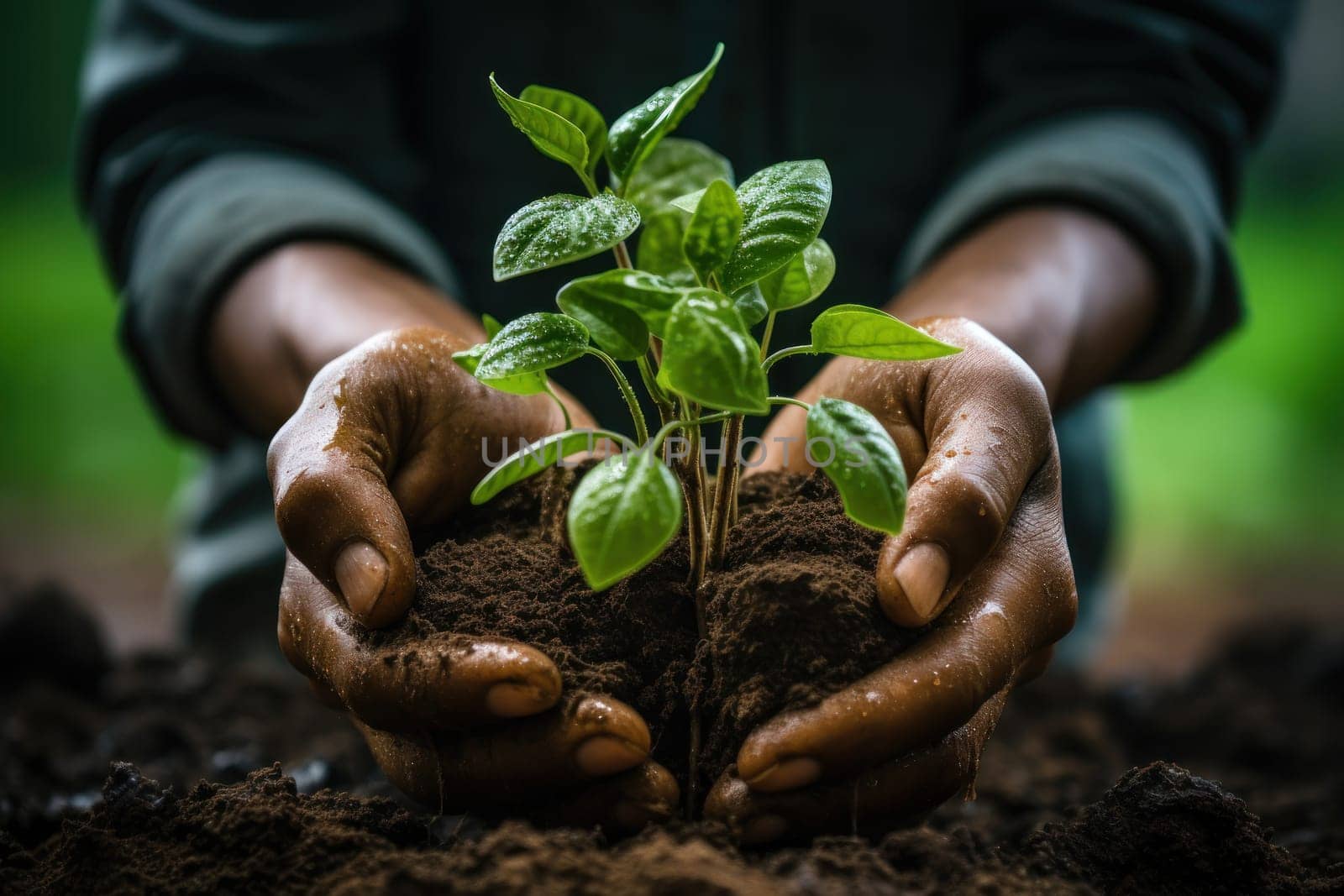 Farmer holding pile of ground with growing up plant under rain. Generative AI.