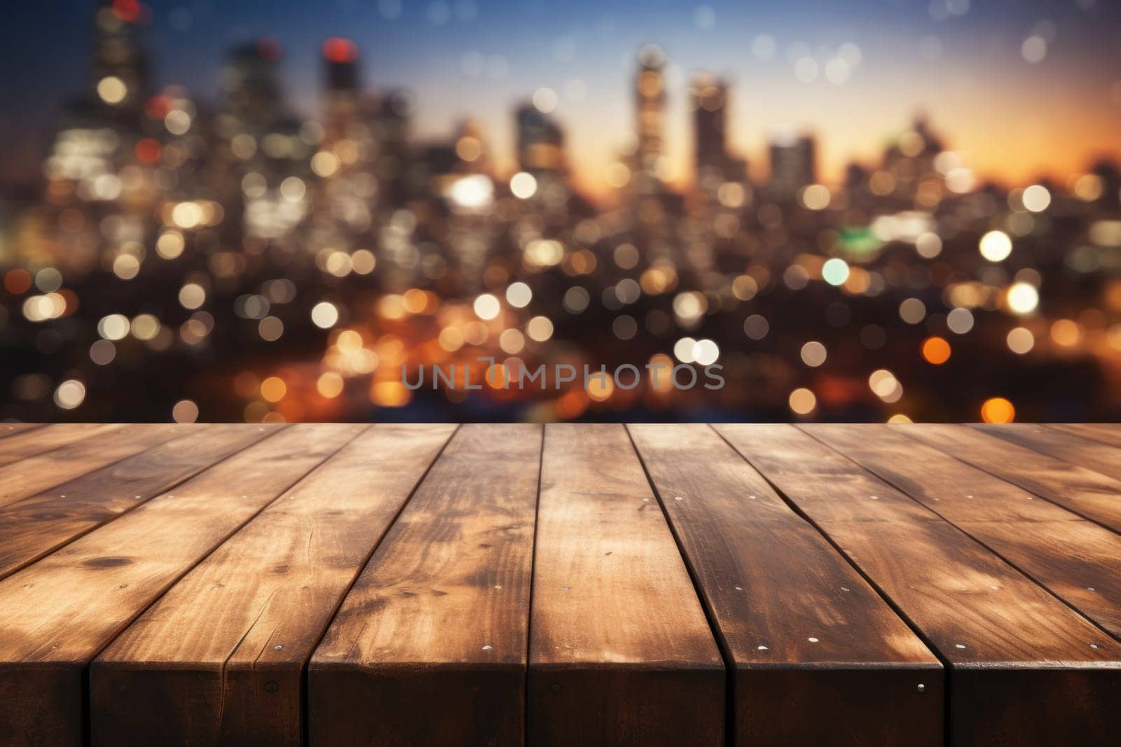 Empty wooden table with blurred background with a city with fireworks on New Year. Generative AI.