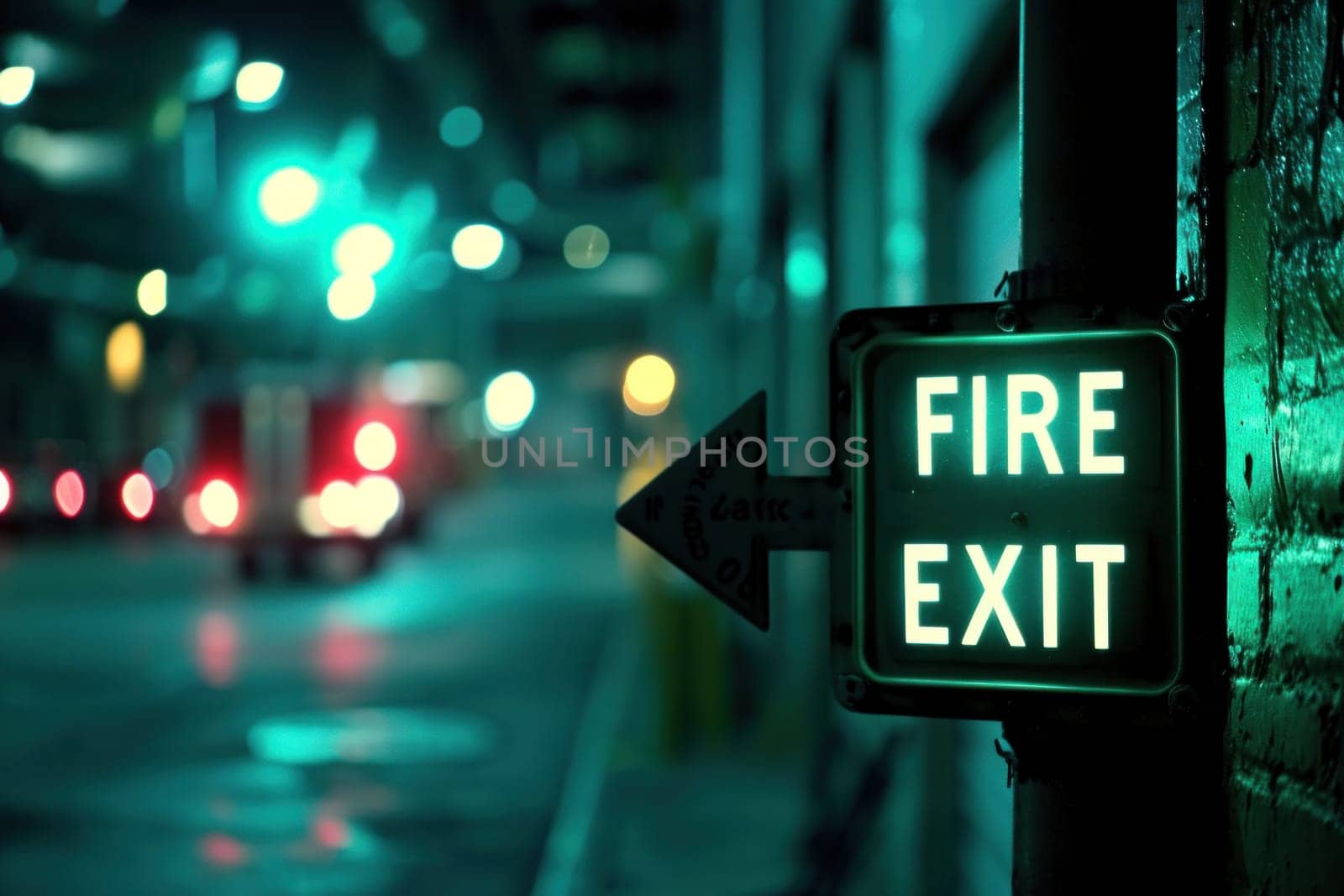 The indicator light shows the word FIRE EXIT. Generative AI.