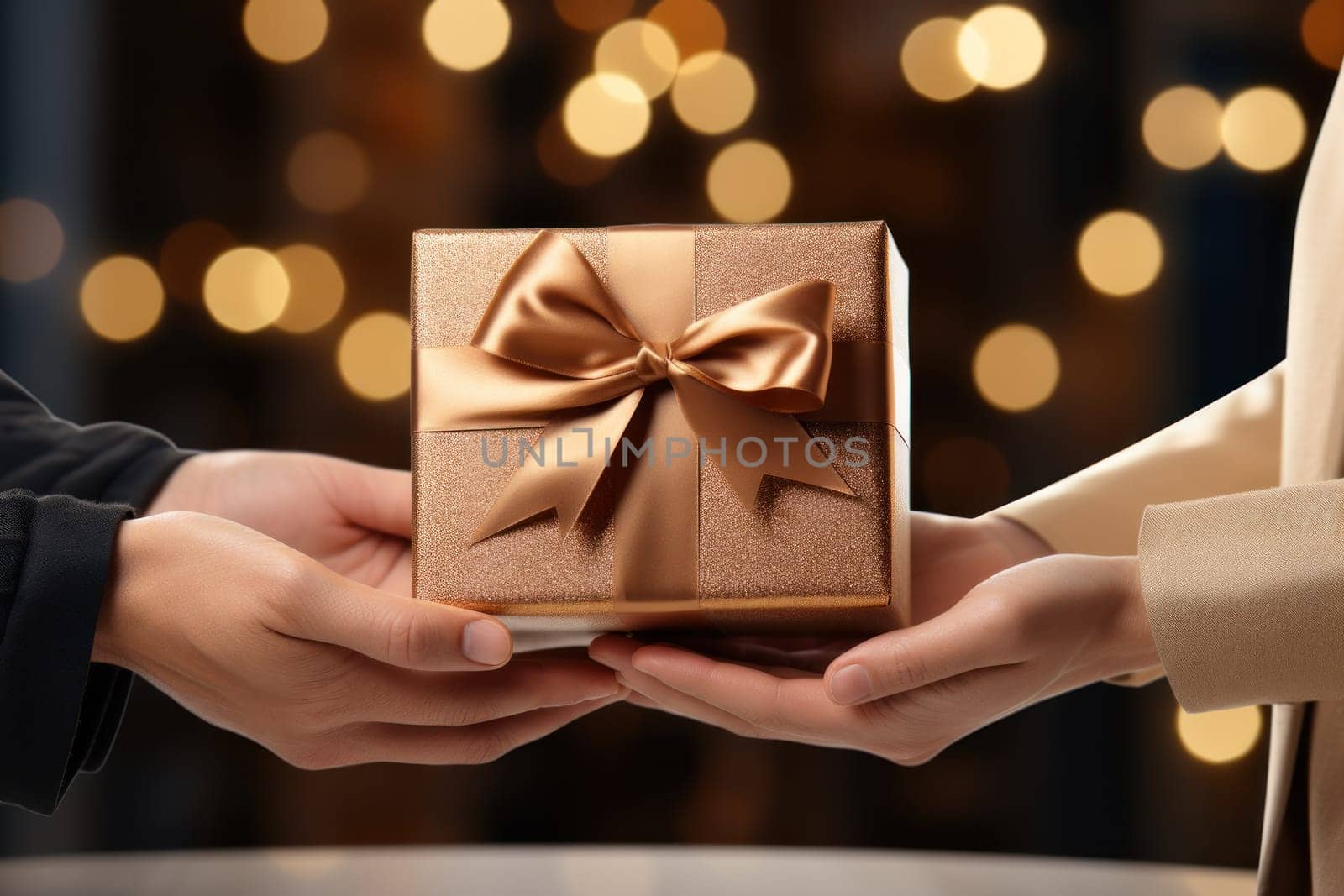 Adult hands giving a Christmas gift and New Year gift to each other. Generative AI.