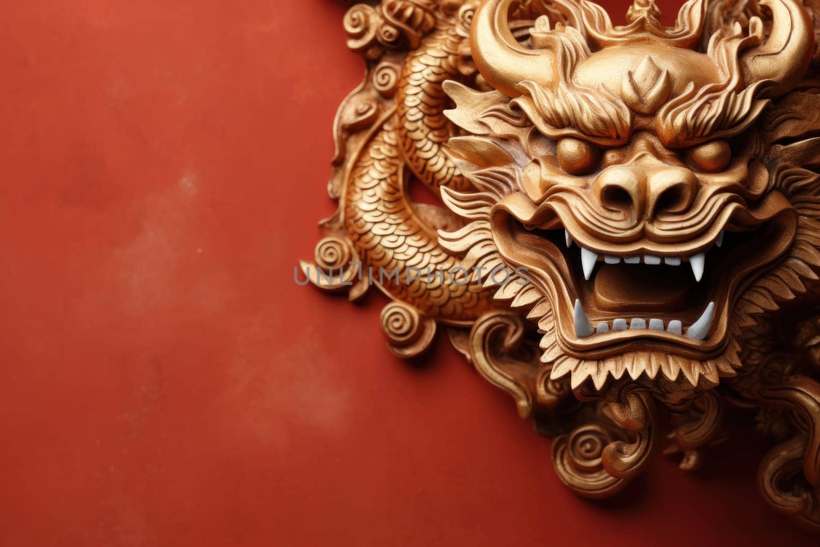 Golden Chinese dragon on red color background. Generative AI.