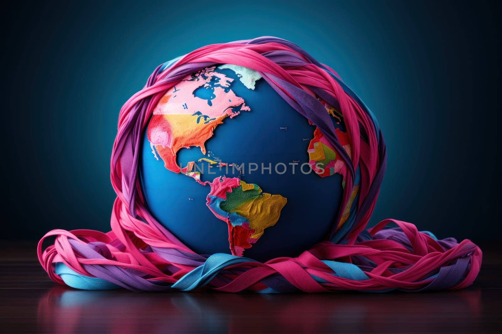 World Cancer Day banner with a colorful ribbon intertwined with symbols of strength. Generative AI.