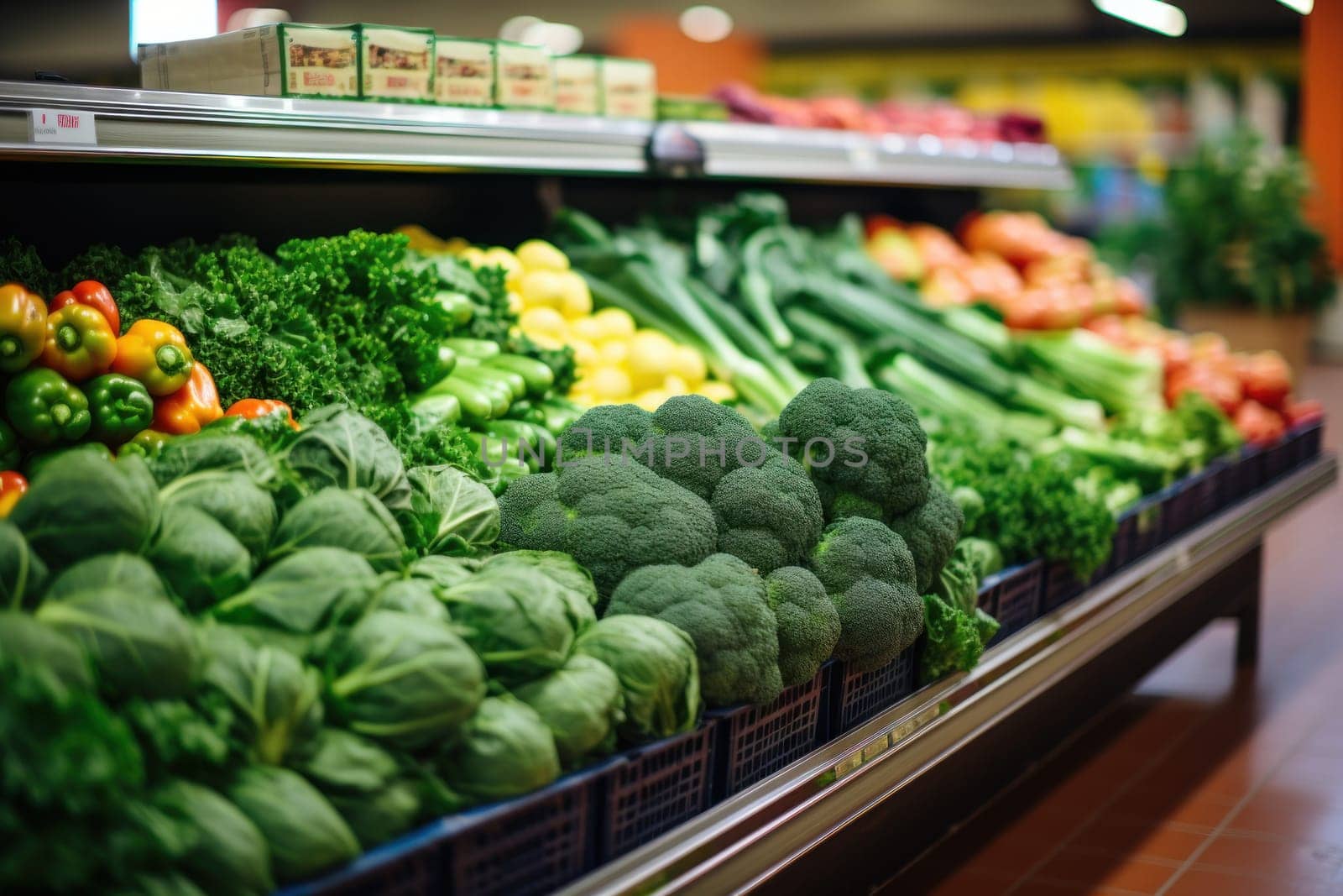 Self full of vegetables in supermarket. Generative AI.