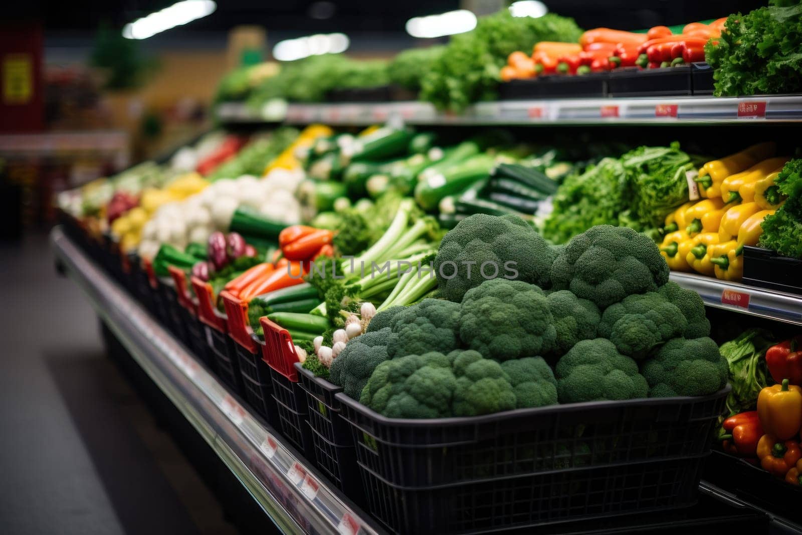 Self full of vegetables in supermarket. Generative AI.
