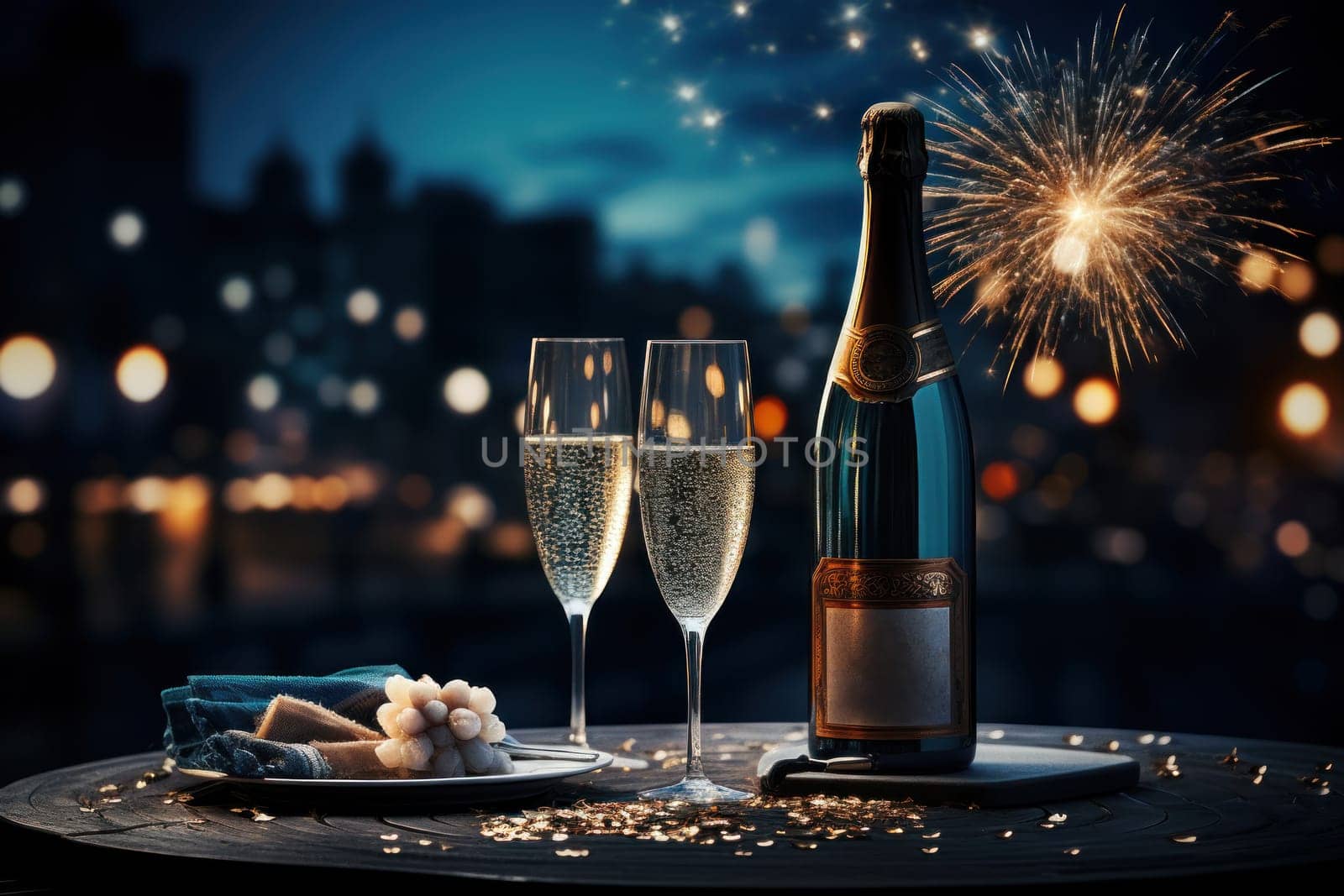 Two Glasses of champagne and bottle against fireworks and holiday lights. Generative AI by golfmerrymaker