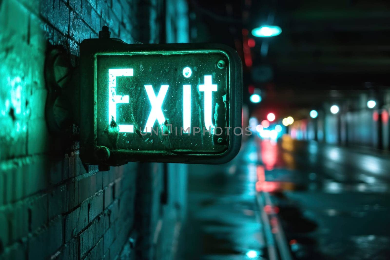 Exit sign glowing in green. Generative AI.