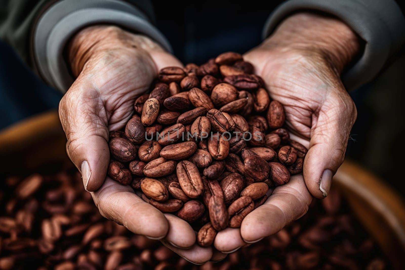 Hands holding roasted coffee beans. Generative AI.