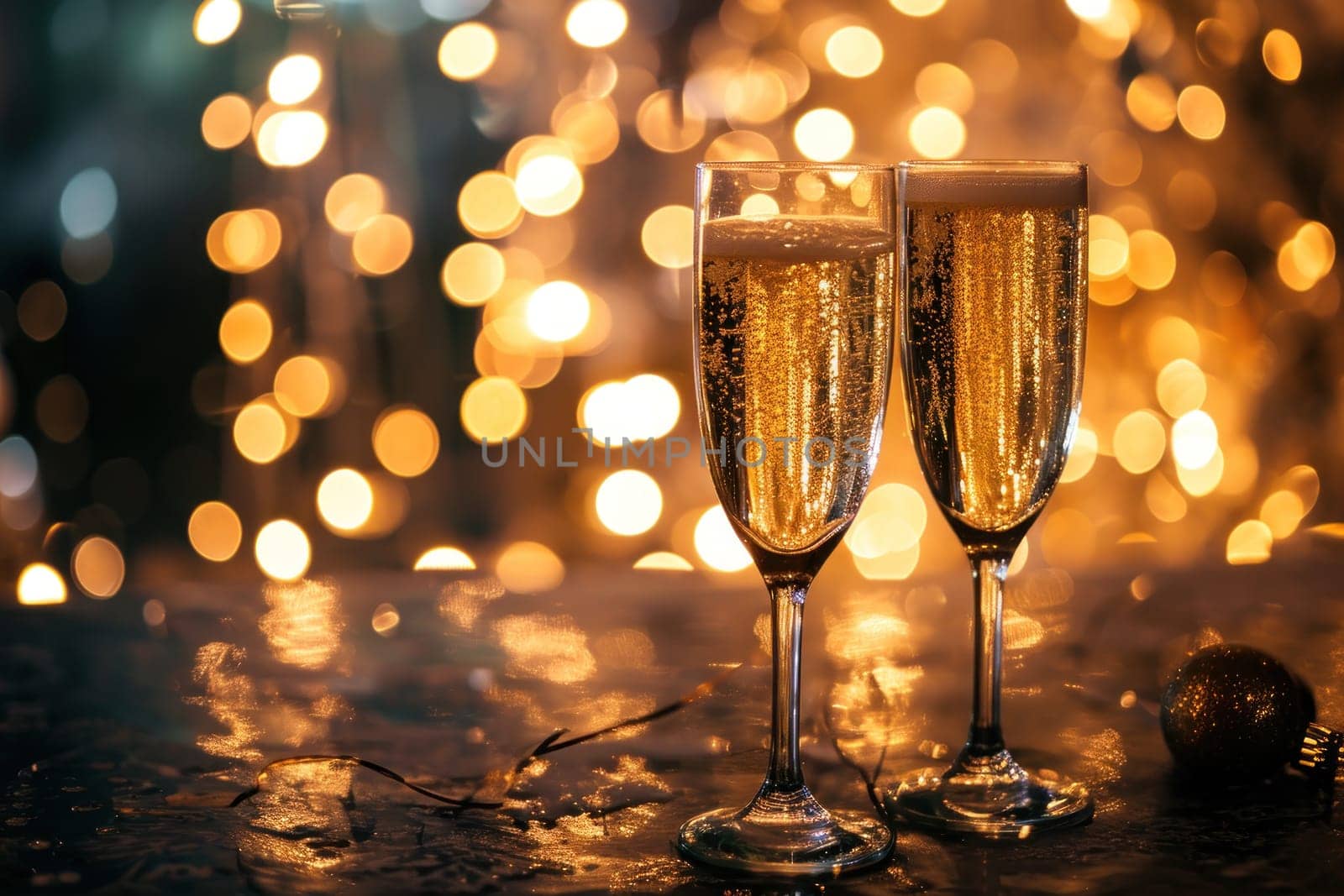 Two toast glasses with champagne on a table with bokeh background. Generative AI.