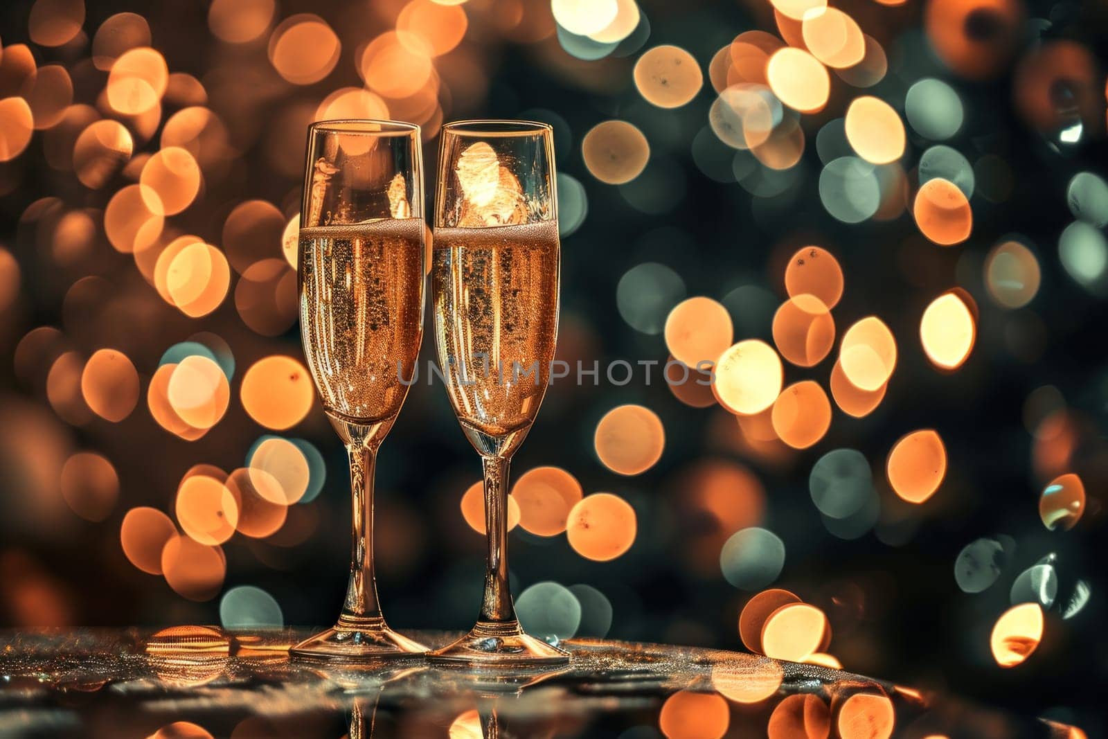 Two toast glasses with champagne on a table with bokeh background. Generative AI by golfmerrymaker