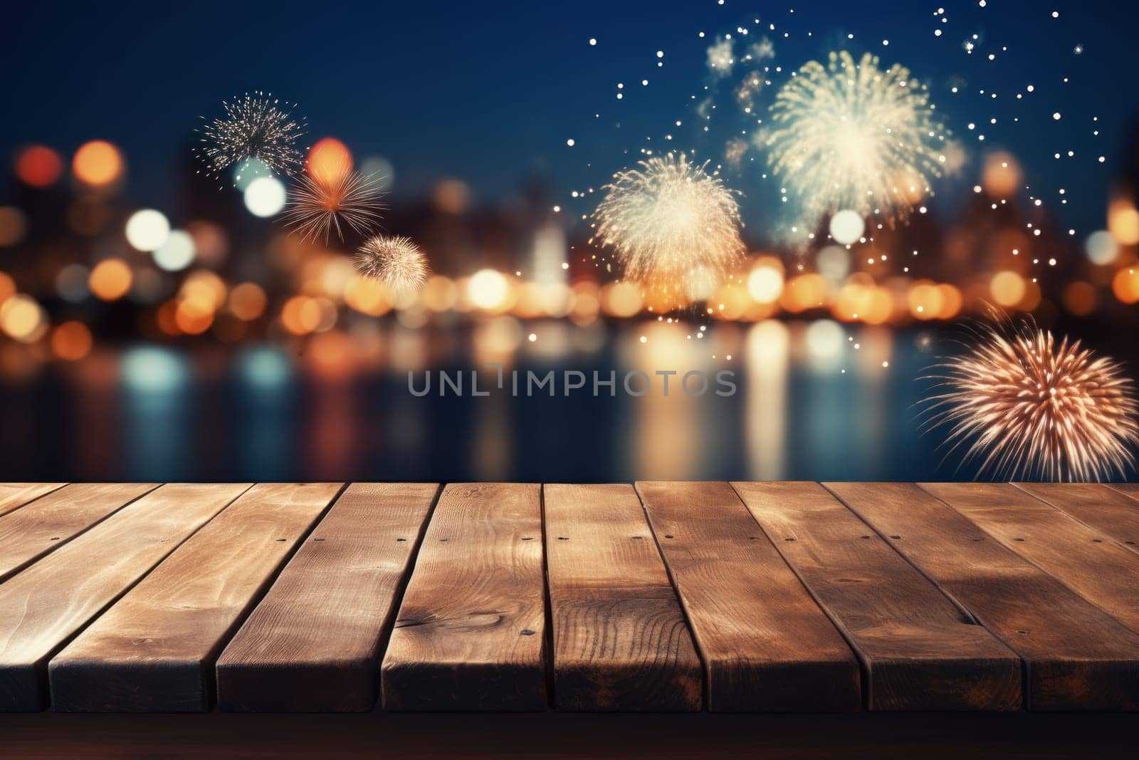 Empty wooden table with blurred background with a city with fireworks on New Year. Generative AI.