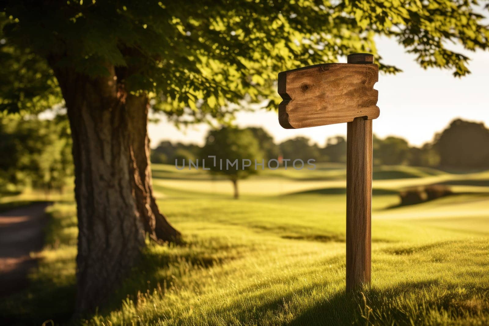 Close up golf course wooden wayfinding signage board. Generative AI.