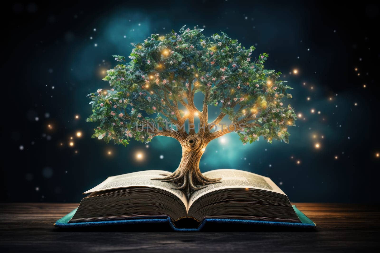 Tree growing out of open book on fantasy background. Generative AI.