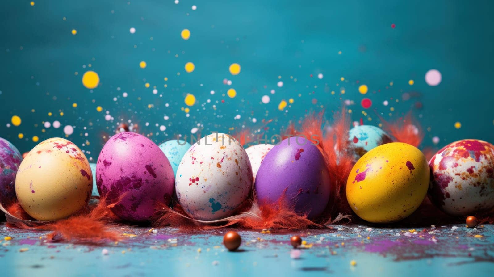 Colorful Easter eggs with paint splatter. Generative AI.