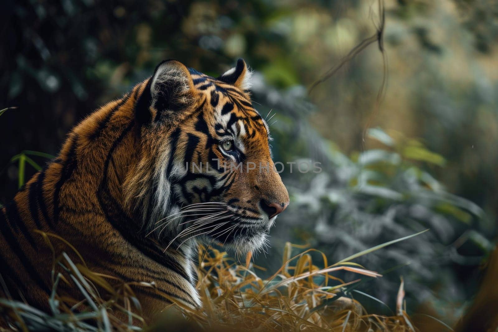 A tiger is lurking behind the leaves. Generative AI.