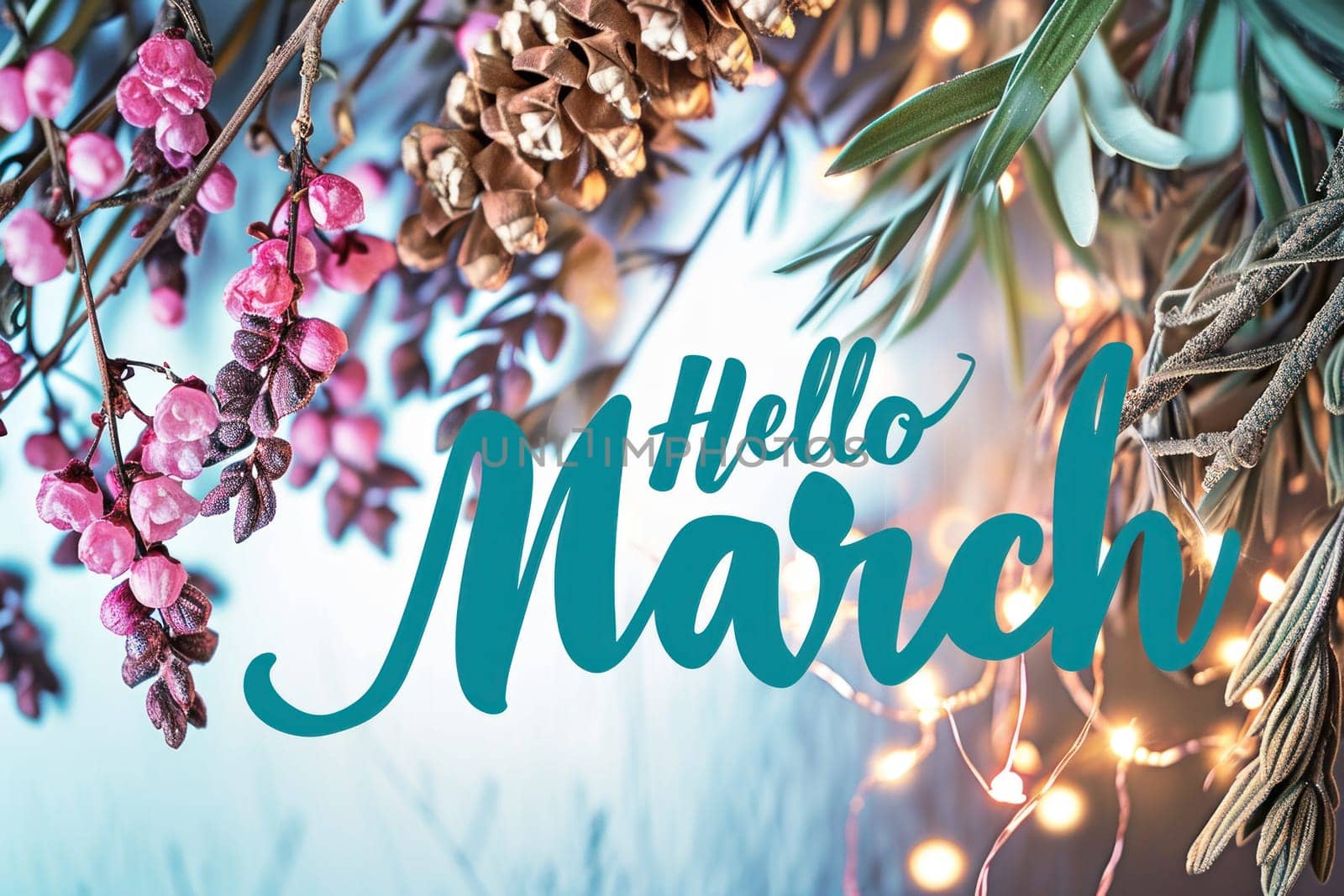 Text Hello March on event seasonal background. Generative AI by golfmerrymaker