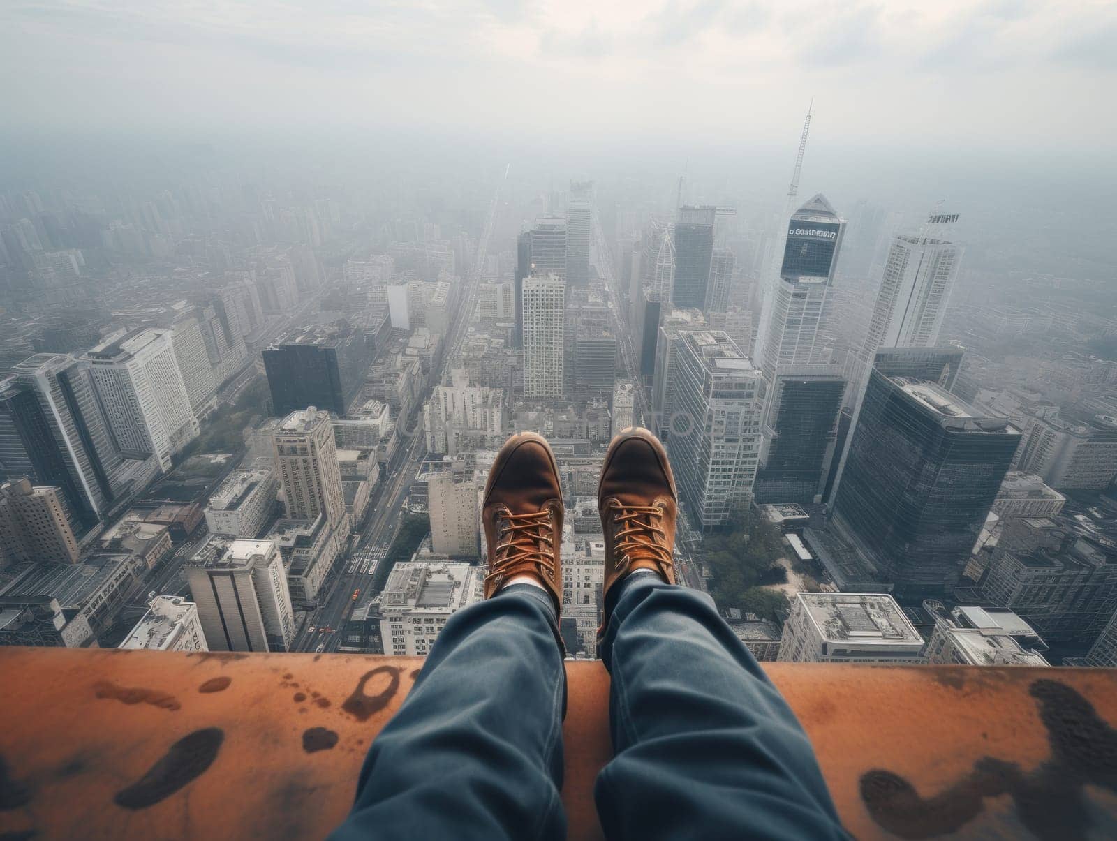 A person's feet laying on the skyscraper. Generative AI.