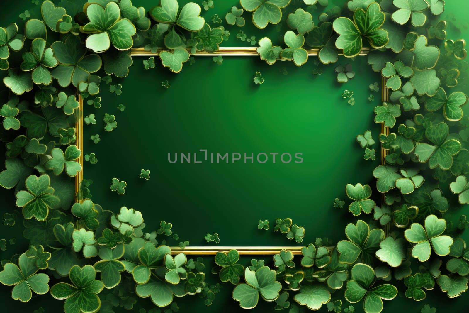 Flat design St. patrick's day, festive leprechaun green shamrocks on photo frame. Generative AI.
