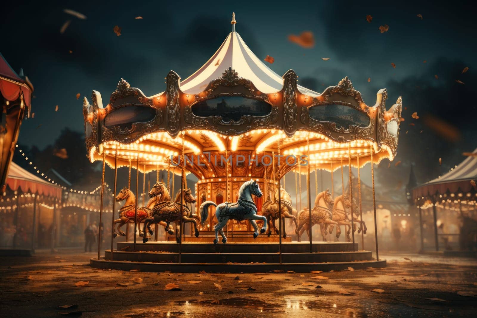 Festive carousel with flying reindeer instead of horses. Generative AI.