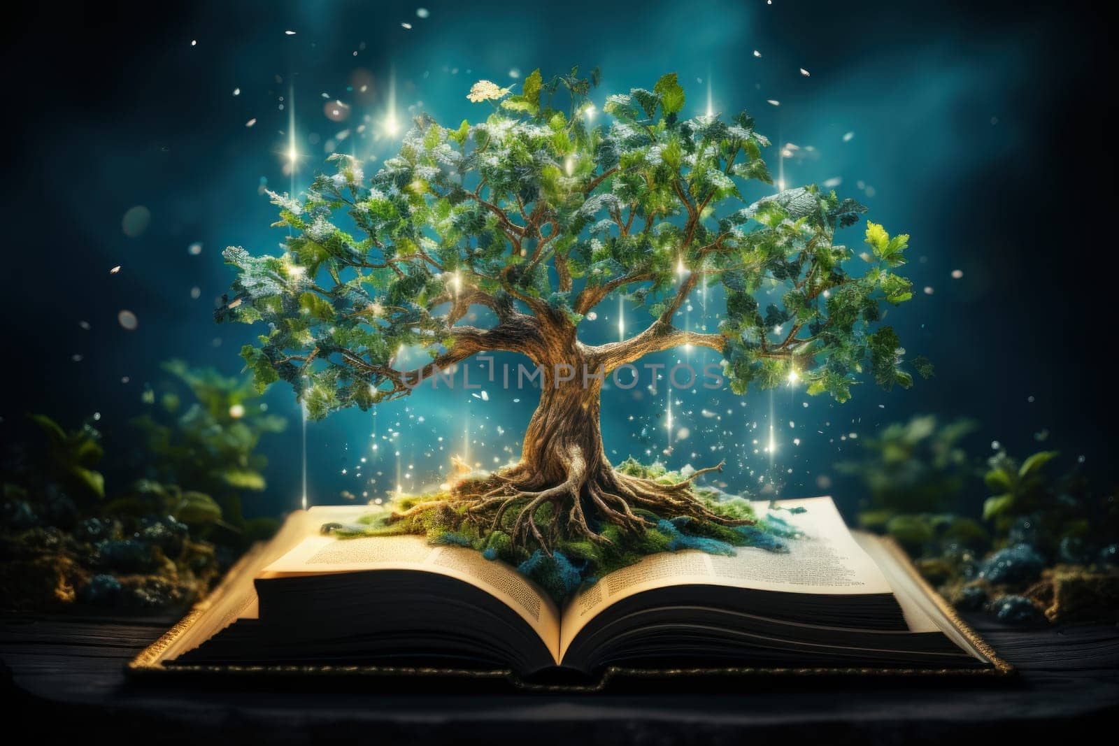 Tree growing out of open book on fantasy background. Generative AI.