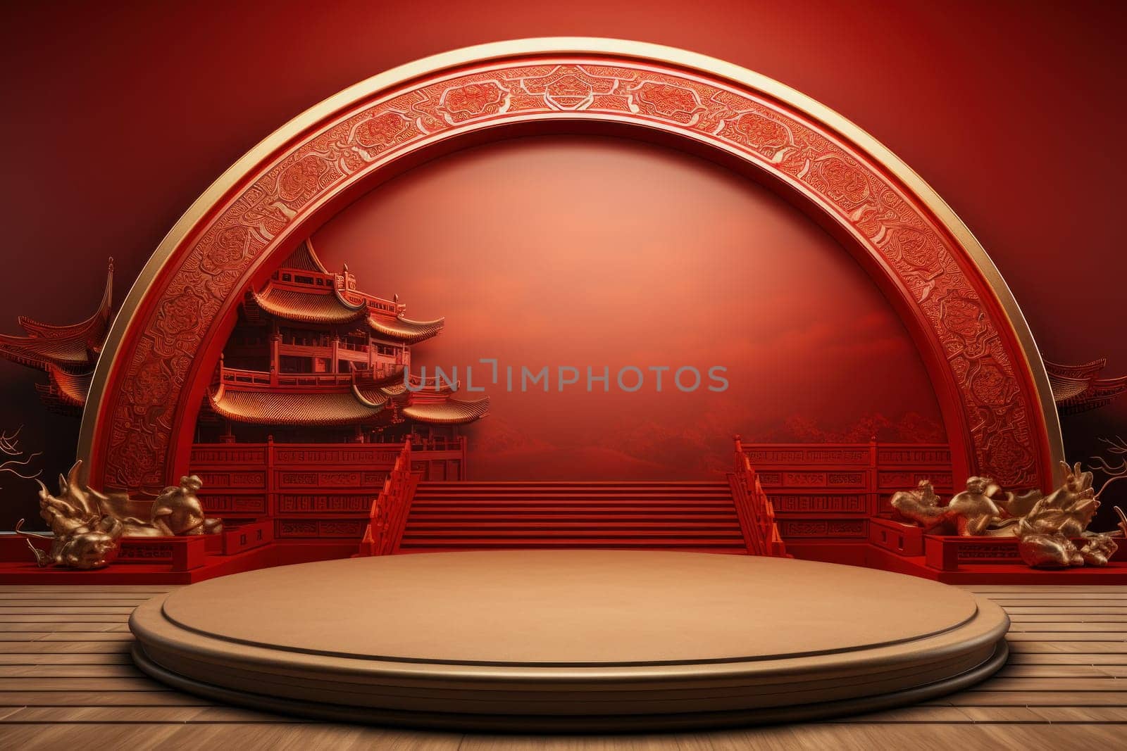 Red and gold podium with ornament as Chinese new year greeting card background. Generative AI.