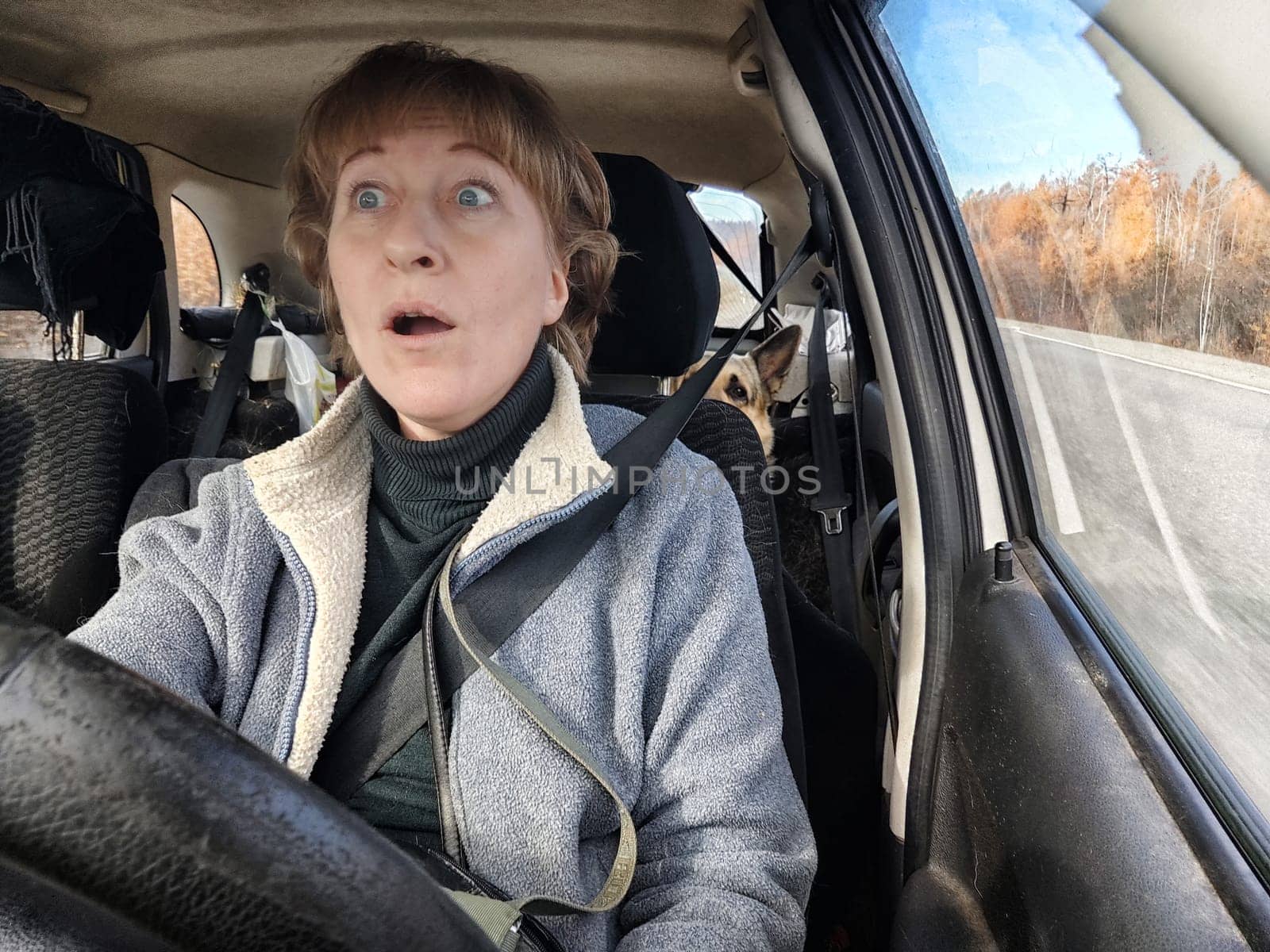 Terrified female driver a second before the accident. Scared middle-aged adult woman holds the steering wheel of car. Frightened Lady girl who is owner or rent a car for travel