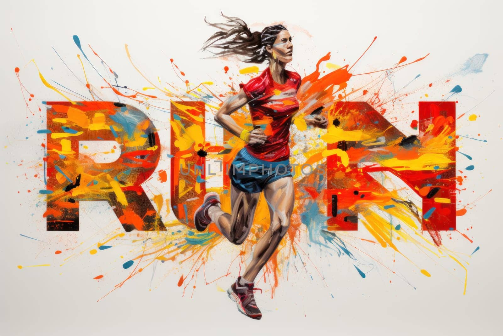 Illustration of a running side view, colorful splashes. Generative AI.