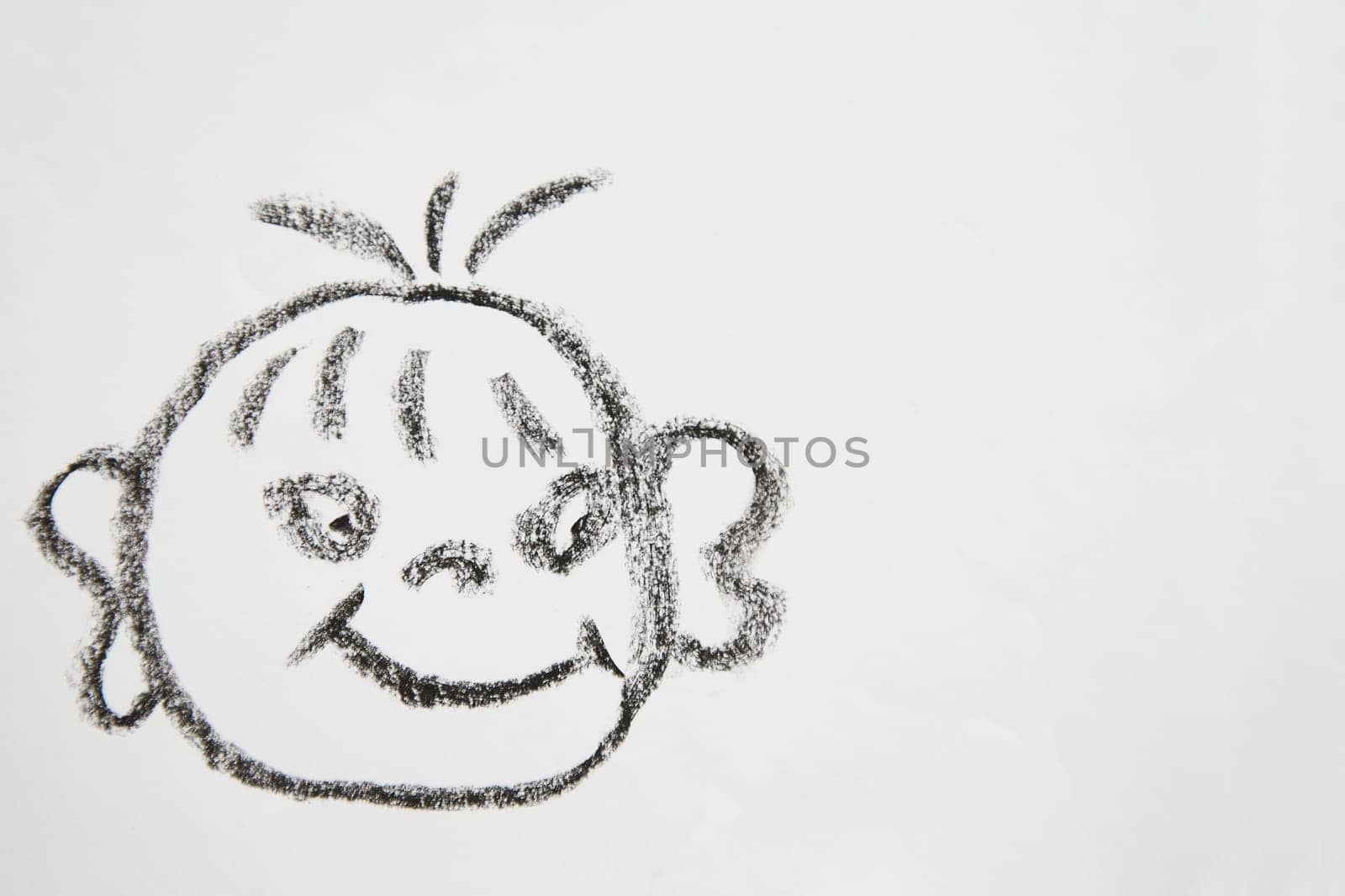 Concept for positive attitude with hand drawn fat tricky child face on white background. Psychology, emotion, smiley face, place for text and copy space