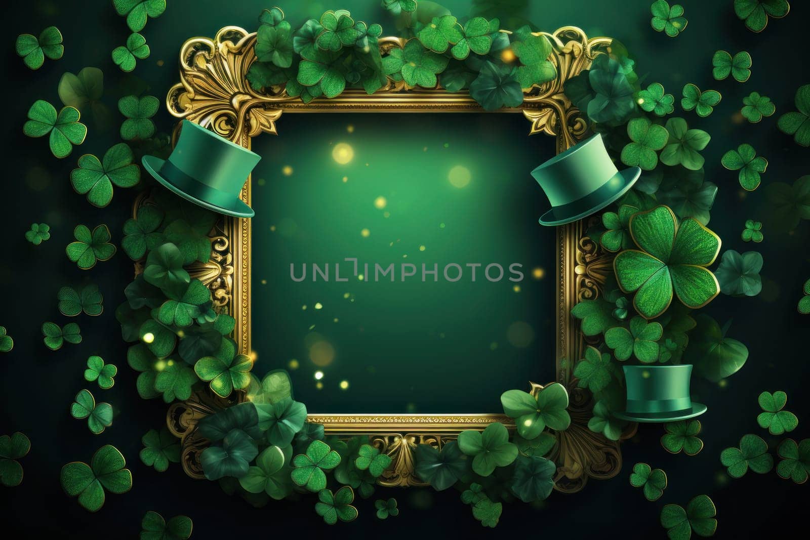 Flat design St. patrick's day, festive leprechaun green shamrocks on photo frame. Generative AI.