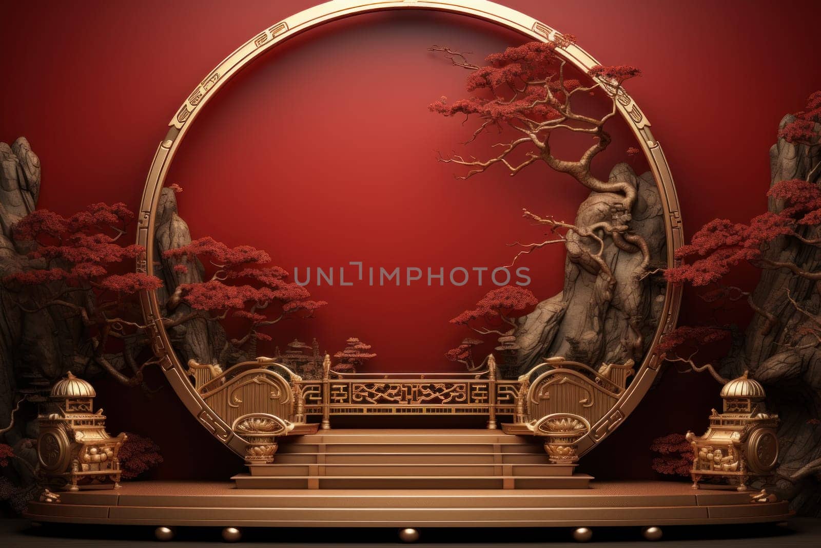 Red and gold podium with ornament as Chinese new year greeting card background. Generative AI.