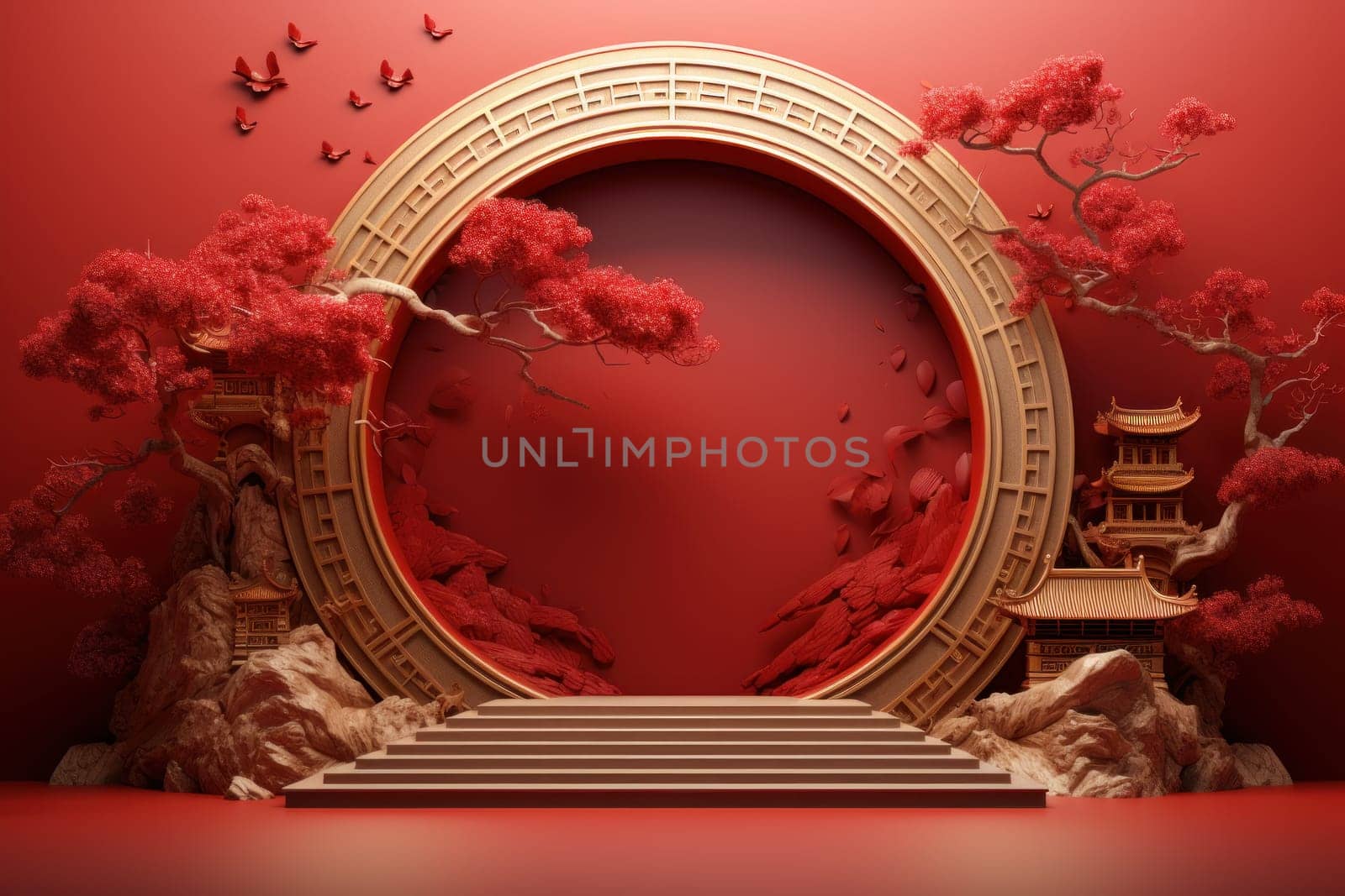 Red and gold podium with ornament as Chinese new year greeting card background. Generative AI.