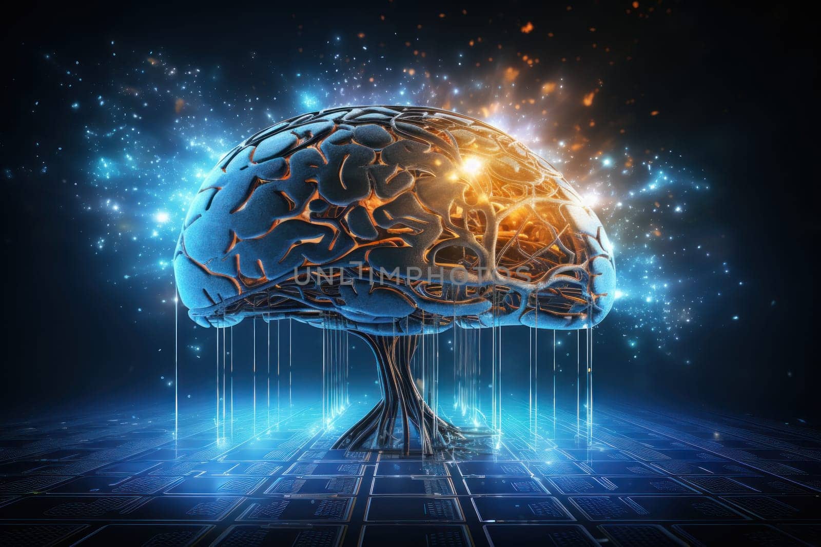 Concept Brain combined or merged technology Artificial Intelligence. Generative AI.
